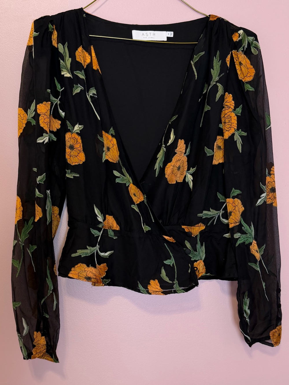 ASTR Black Wrap Blouse with Mustard Floral Print